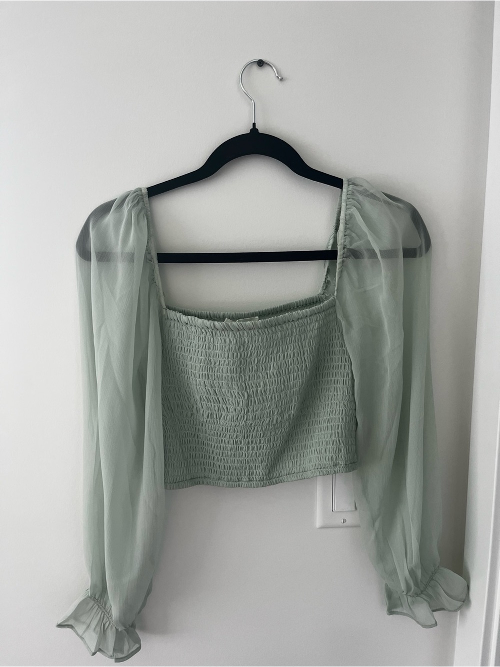 Oak+Fort - Sheer Puff-Sleeve Smocked Crop Top - Mint Green
